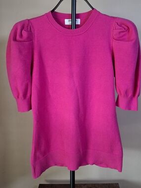 Women's Zenana Pink Puff Short Sleeve Preppy Knit Sweater; Size S